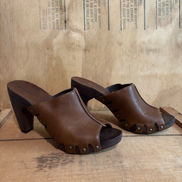 Biviel Brown Leather Western Mule Clog Peep Toe Wooden Heels Sz - Picture 1 of 4